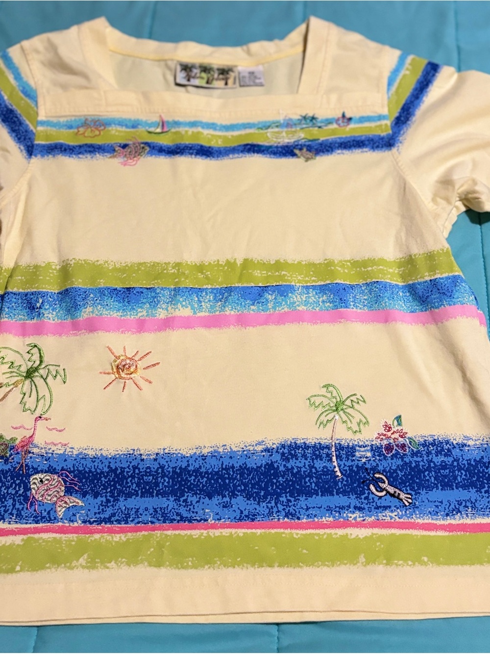 Palm grove vintage beach embroidered striped 3/4 sleeve shirt Medium Resort